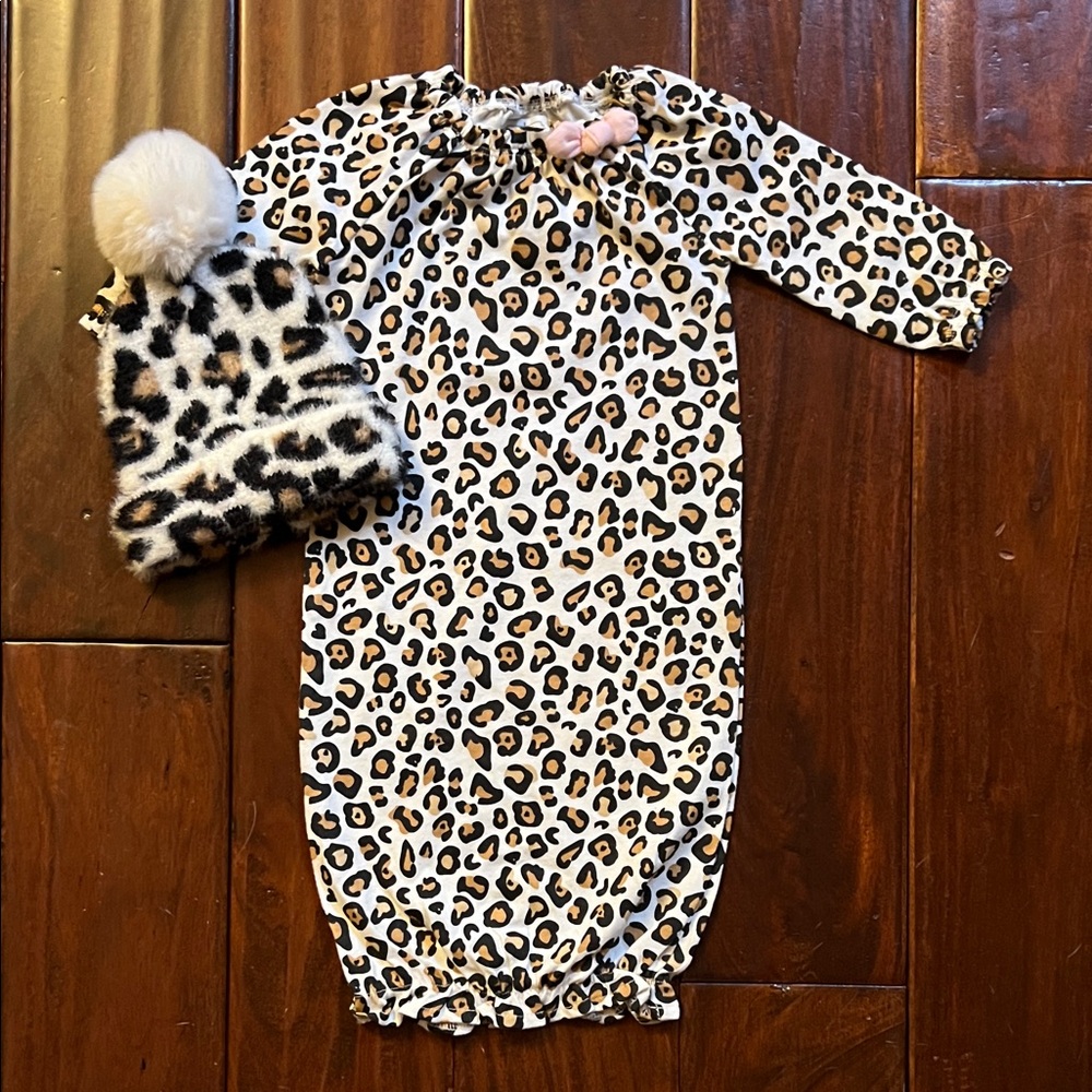 Mud Pie Leopard Print Baby Gown and Hat Set